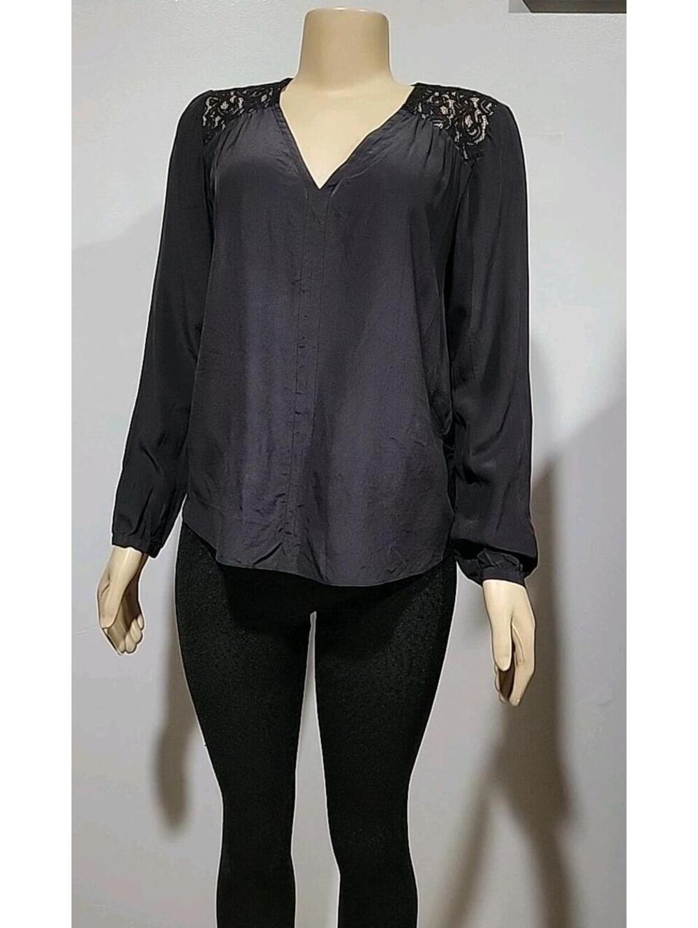 Rebecca Taylor Women's Blouse Size 4 Lace Trim Black Long Sleeve Silk Blouse #C